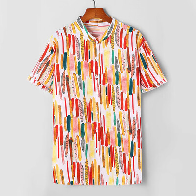 

Tailored Mens Ethnic Printed Stand Collar Colorful Stripe Short Sleeve Loose Shirt