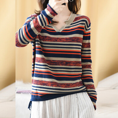 

Womens V-Neck Stripe Pullover Jumper Ladies Long Sleeve Loose Casual Sweater