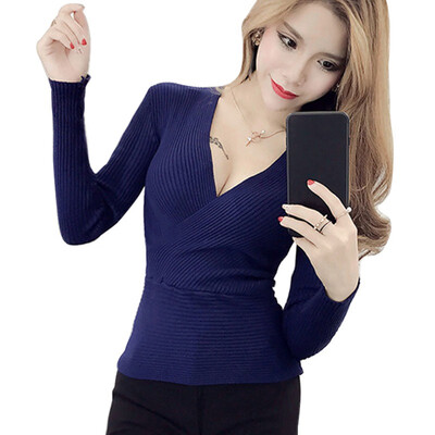

Women Sexy Cross V Neck Knitted Sweater Pullover Fashion Autumn Winter Rib Knitted Sweater Women Long Sleeve Sweaters Female