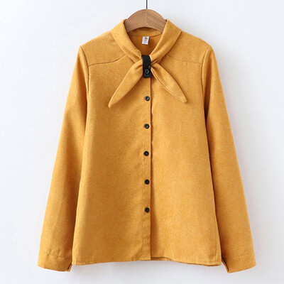 

Sweet Women Bow Tie Collar Long Sleeve Corduroy Autumn Spring Blouses Buttons Fresh Solid Color Shirts Female casual Tops