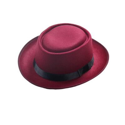 

Unisex Women Men Felt Wide Brim Hat Woolen Pork Pie Flat Hat Vintage Gambler Hat