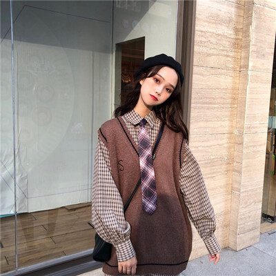 

Sweaters For Female Autumn New Retro Chic Fashion Sweater Vest Student Korean Casual Solid Color Knitted Tops Plus Size