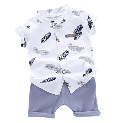 

Summer Baby Boys Casual Short Sleeve Floral Feather Print shirt TopsShorts Costume Set