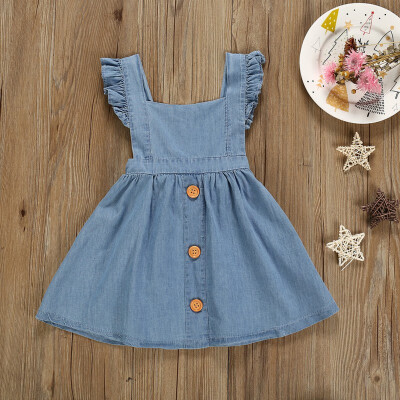 

Summer Casual Fashion Baby Girl Sleeveless Solid Color Denim Dress Kids Clothing