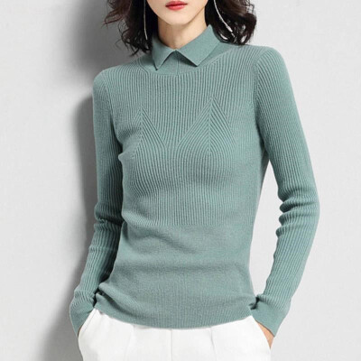 

Autumn New Slim Solid Color Sweater Women Korean Style Simple Knit Top Casual Lapel Long sleeve Knit Pullover HX01