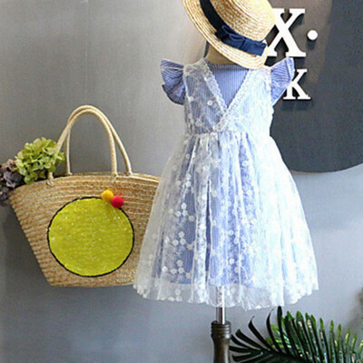 

2019 Summer Baby Girl Princess Dress Fake 2 Piece Toddler Striped Print Short Sleeve Lace Sundress Fashion Kids Gifts Dress