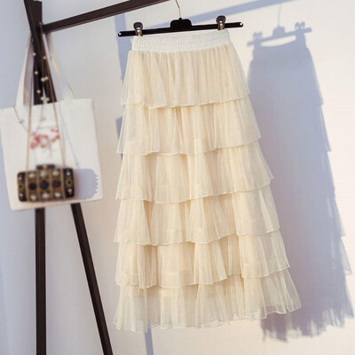 

Spring Summer Sweet Cake Layered Long Mesh Skirts Princess High Waist Ruffled Vintage Tiered Tulle Pleated ins Skirts Lace