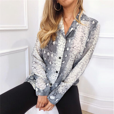 

Fashion V Neck Serpentine Print Women Blouse Spring Autumn Long Sleeve Casual Button Top Ladies Snake Skin Print Shirts