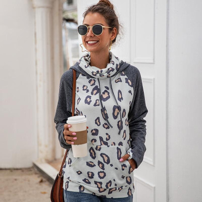 

Women Autumn Winter Hoodie Sweatshirts Drawstring Leopard Print Splice Long Sleeve Pocket Casual Pullover Basic Tops GreyBlue