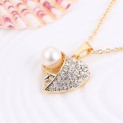 

Peach Heart Shape Pearl Diamond Necklace Ladies Pendant Link Chain Jewelry Set