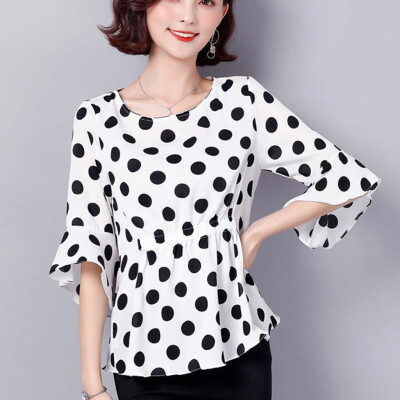 

Tailored Womens Short-Sleeved Ruffled Chiffon Polka Dot Womens Loose Thin Tie Shirt