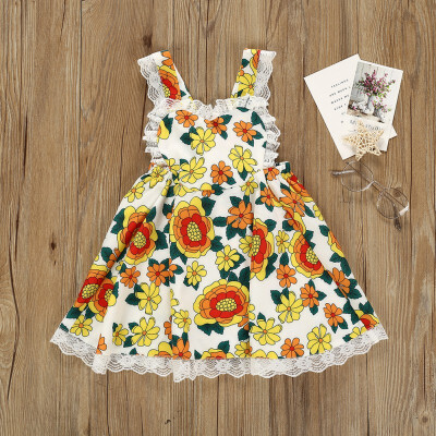 

Summer Casual Fashion Baby Girl Sleeveless Flower Printing Lace Princess Dress Kids Clothing