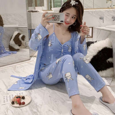 

Woman Autumn Sexy Pajamas Set Printed Sling Sleepwear 3 Peices Long Sleeves Soft Comfort Homewear Sexy Robe Sleepwear