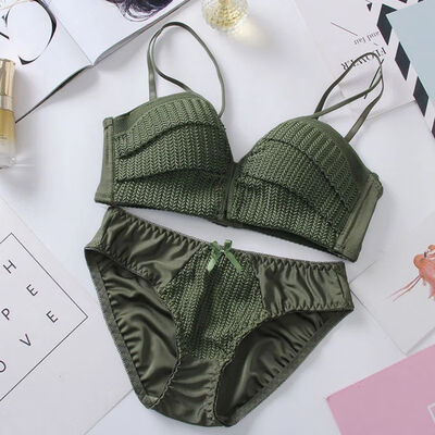 

Sexy underwear set Solid Color Girl Knitting Thread Without Steel Ring Gather 12 Cup Bra Underwear Set
