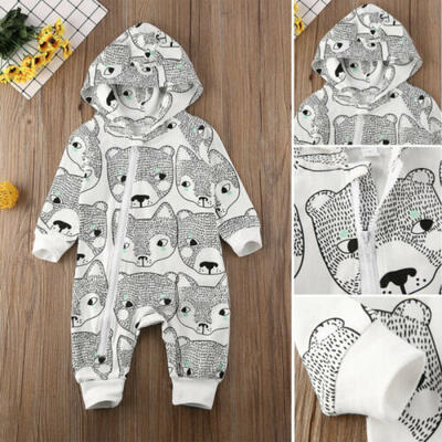 

US 2019 Infant Baby Girls Boys Fox Printed Hoodie Romper Bodysuit Cotton Clothes