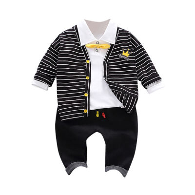 

3Pcs Autumn Baby Boy Adorable Crown Print Long Sleeve Shirt Striped Sweatshirt Trousers Pants Clothes