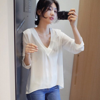 

White Blouse Long Sleeve Leisure Blouse V-neck Women Tops&Blouses Solid Office Shirt Lady Blouse Shirt Blusas Camisa