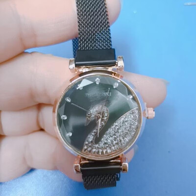 

Lazy watch magnet woven mesh with swan watch ladies watch fashion trend polygon mirror female table Pink