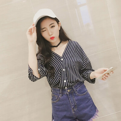 

Korean Fashion Thin Vertical Stripes V-neck Womens Shirt Office Lady Casual Womens Tops And Blouses Three Quarter Blouse Female