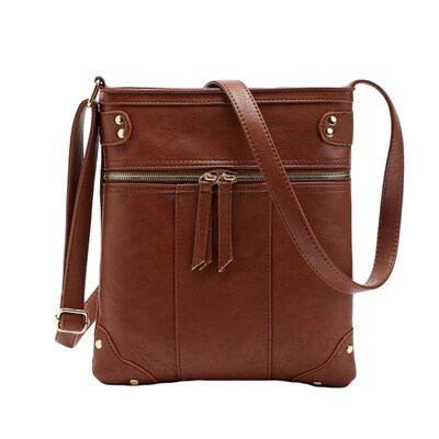 

Vintage Women Solid Color Rivet Front Zipper Faux Leather Crossbody Shoulder Bag