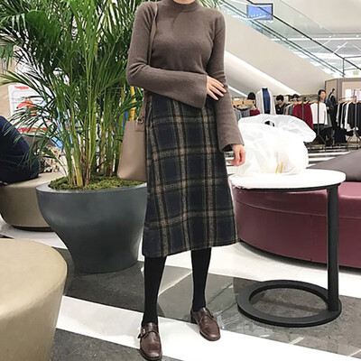 

Autumn Winter High Waist Woolen Women Skirts A-line Skirt Trellis Ribbed Lady Mid- Long Skirt