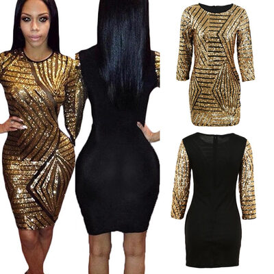 

New Sexy Women Bandage Dress Sheer Sequins Back Zipper 34 Sleeve Clubwear Cocktail Party Mini Dress Gold
