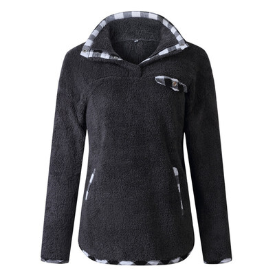 

Winter New Women Fleece Plaid Sweatshirts Casual Long Sleeve V Neck Button Sweatshirt Pullover Tops sudadera mujer 2019