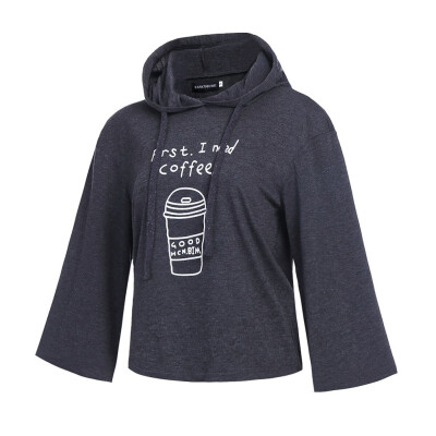 

Women long Sleeve Gray Letter Print Hooded Sweatshirt Pullovers Loose Tops