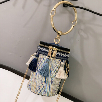 

2019 Women Tassels Handbags Bohemian Zippers Bucket Bag Metal Round Handle Crossbody Bags Fashion National Shoulder Bag