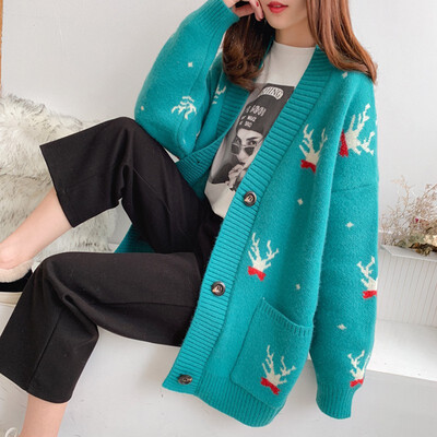 

Women Sweater Cardigans Autumn Winter Cartoon Embroidery Christmas deer Cardigans Poncho Single Breasted Knit Sweater