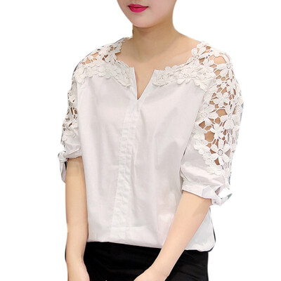 

Fashion Women Lace Summer Tops Woman Lace Shirt Hollow Out Casual Short Sleeve Women Clothing Shirts Tops Plus Size - 5XL