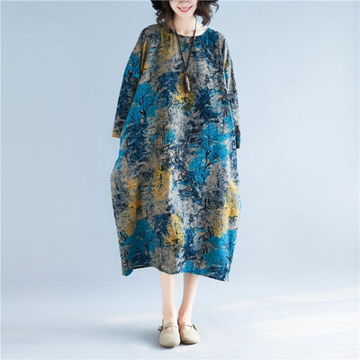 

Vintage Women Cotton Linen Dress O Neck Raglan Three Quarter Sleeve Print Pockets Casual Plus Size Loose Midi Dress