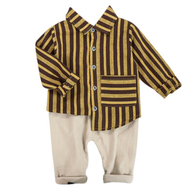 

Autumn Children Baby Boys Casual Long Sleeve Striped Print Blouse Tops Solid Color Trouser 2pcs Kids Costume Set