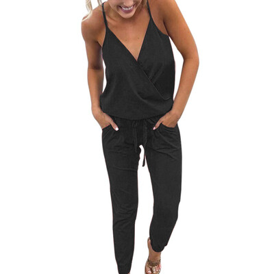 

EFINNY Womens V Neck Spaghetti Strap Drawstring Waisted Long Pants Jumpsuit Rompers
