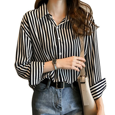 

Women Fashion Stripes Print Lapel Shirt Autumn Loose Single-breasted Long Sleeve Graphic Aesthetic Blouse