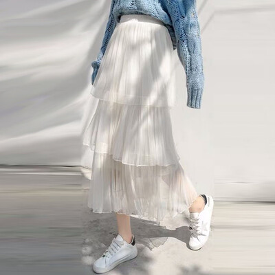 

Gobestart Fashion Womens Solid Mesh Fold A-Line Casual Cake Dress Ruffles Pleated Skirt