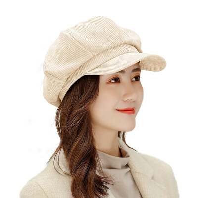 

New Corduroy Korean Edition Ladys Striped Octagonal Cap Duck Tongue Cap British Retro Beret in Autumn&Winter of 2019