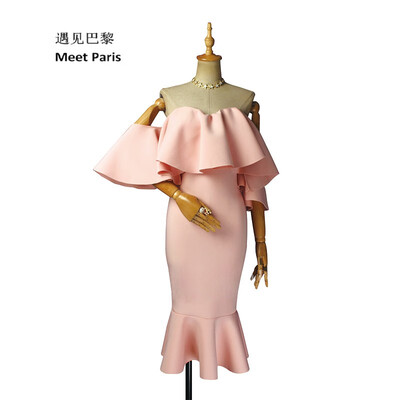

Sexy lady temperament ruffled off shoulder fishtail slim hip medium dress