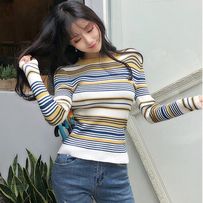 

Stripe Sweater Women Contrast Knitted Pullover Long Sleeve 0-neck Knitwear Fashion Slim Female Korean Jumper clothing