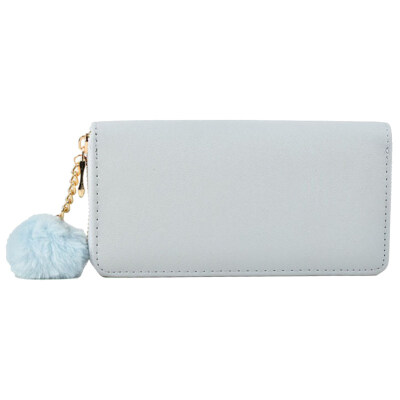 

Solid Color Women Faux Leather Long Wallet Pompom Zip Clutch Card Holder Purse