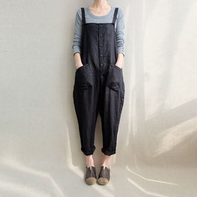 

Woman Casual Cotton And Linen Pocket Plus Size Jumpsuit New Fashion Office Lady Girl Jumpsuits Solid Cute Woman Clothing