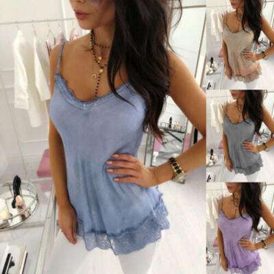 

Women Lace Vest Sleeveless Loose Camisole V-Neck Tank Top Blouse sling T-shirt