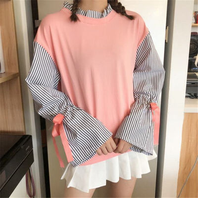

Women 2018 Autumn Winter Sweatshirt Striped Long Flare Sleeve Sweatshirt "Wonderful Girl"Printed Ruffled Collar Pullovers Tops