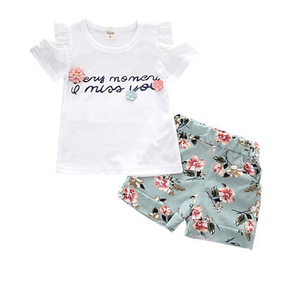 

Children Girls Casual Summer Letter Print Short Sleeve T-shirtFloral Shorts Suits 2Pcs Costume Set