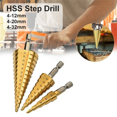 

3Pcs HSS Steel Titanium Spiral Grooved Hex Shank Step Drill Bits Hole Cutter Cone Core Drilling Saw Tool 4-32 & 4-20 & 4-12mm