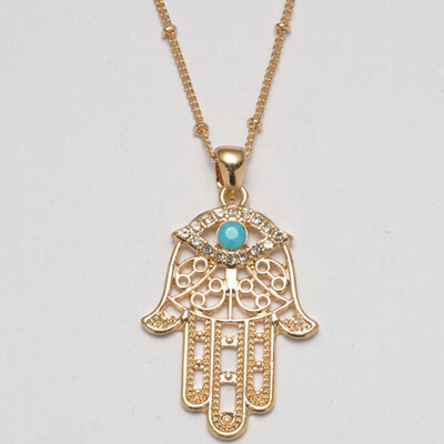 

Hot Sale Fashion Women Crystal Turquoise Hamsa Fatima Hand Blue Evil Eye Pendant Necklace