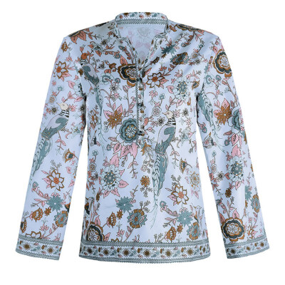 

Women Vintage Ethnic Peacock Bird Floral Print Shirt O-Neck Buttons Fashion Women Long Sleeve Autumn Blouse Loose Tops