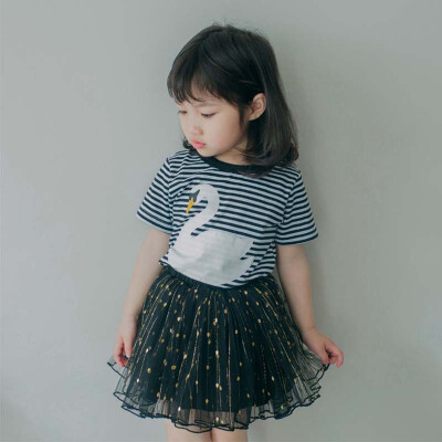 

Children Girls Casual Summer Striped Animal Print Short Sleeve T-shirtMesh Skirts Suits 2Pcs Costume Set for 2-7T