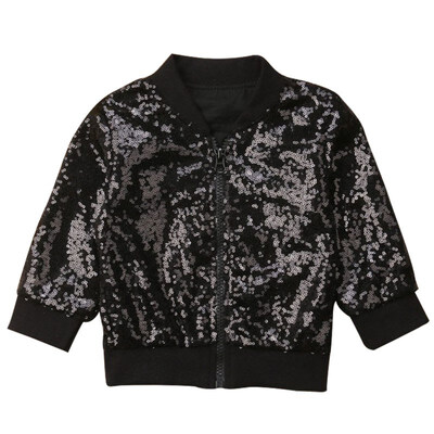 

Children Personality All-match Casual Sequin Zipper Long Sleeve Solid Color Girl Jacket