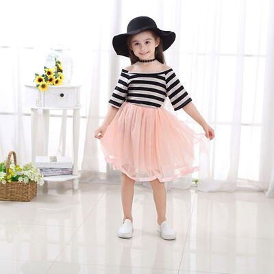 

Summer Casual Baby Girls Stripe Pattern Off-shoulder Short Sleeve Dress Kids Toddler Pageant Sundress
